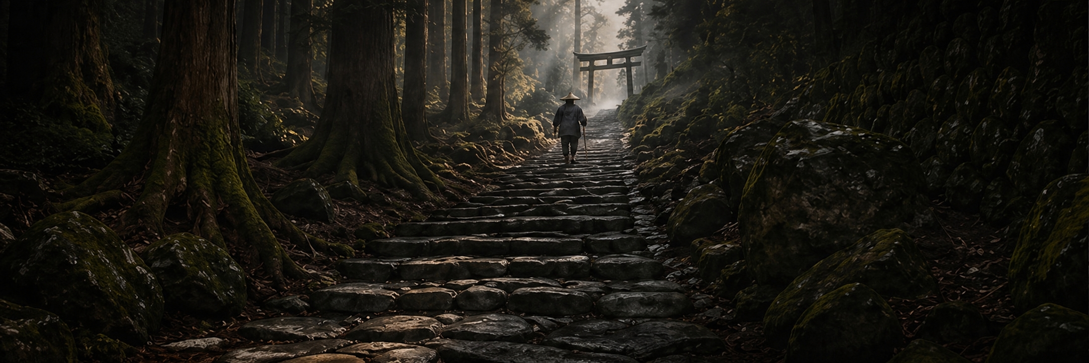 日本の神秘的な森と石段